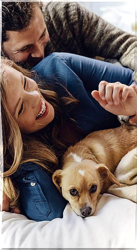 Couple with dog in bed